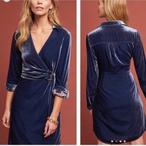 🫐 Anthropologie Maeve Blue Velvet Shirt Dress Size 12 EUC